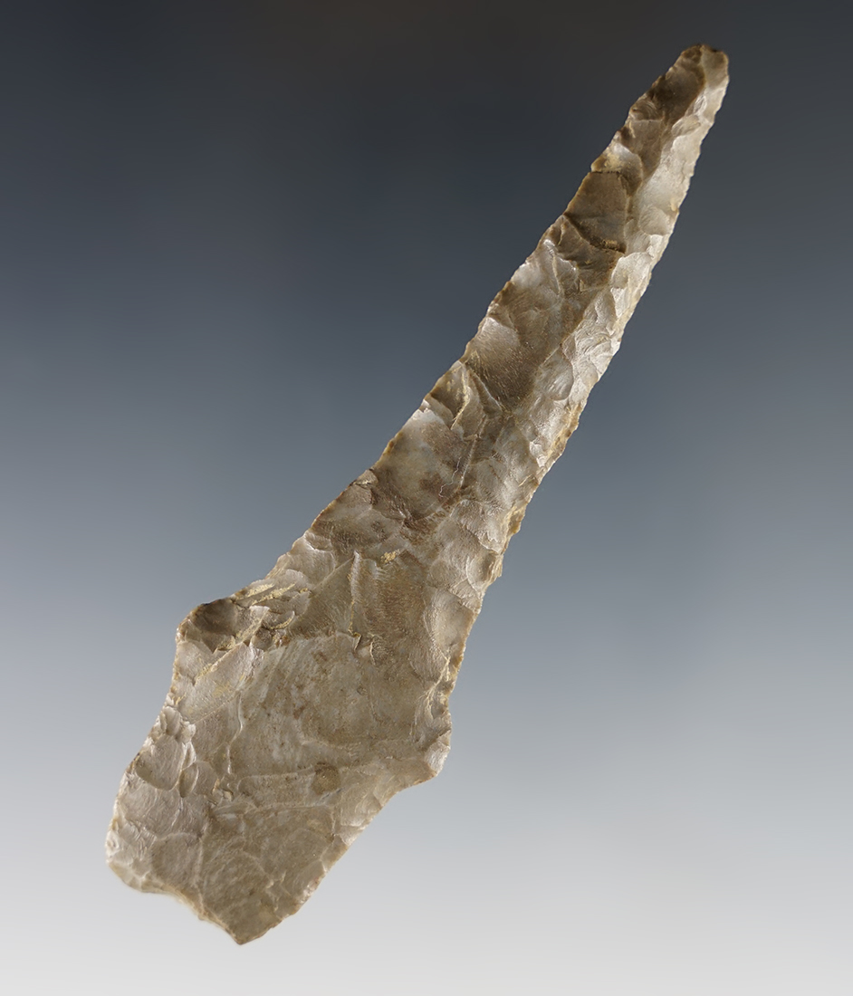 Exceptional 3 15/16" Stemmed Adena Drill - Coshocton Gray Flint. Found in Marion Co., Ohio. 