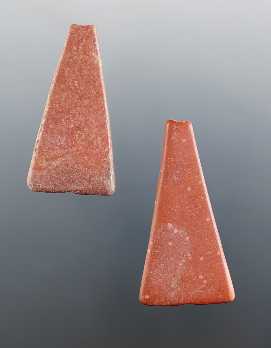 Pair of exceptional red catlinite trapezoidal beads - Townley-Read site in Geneva, New York. 