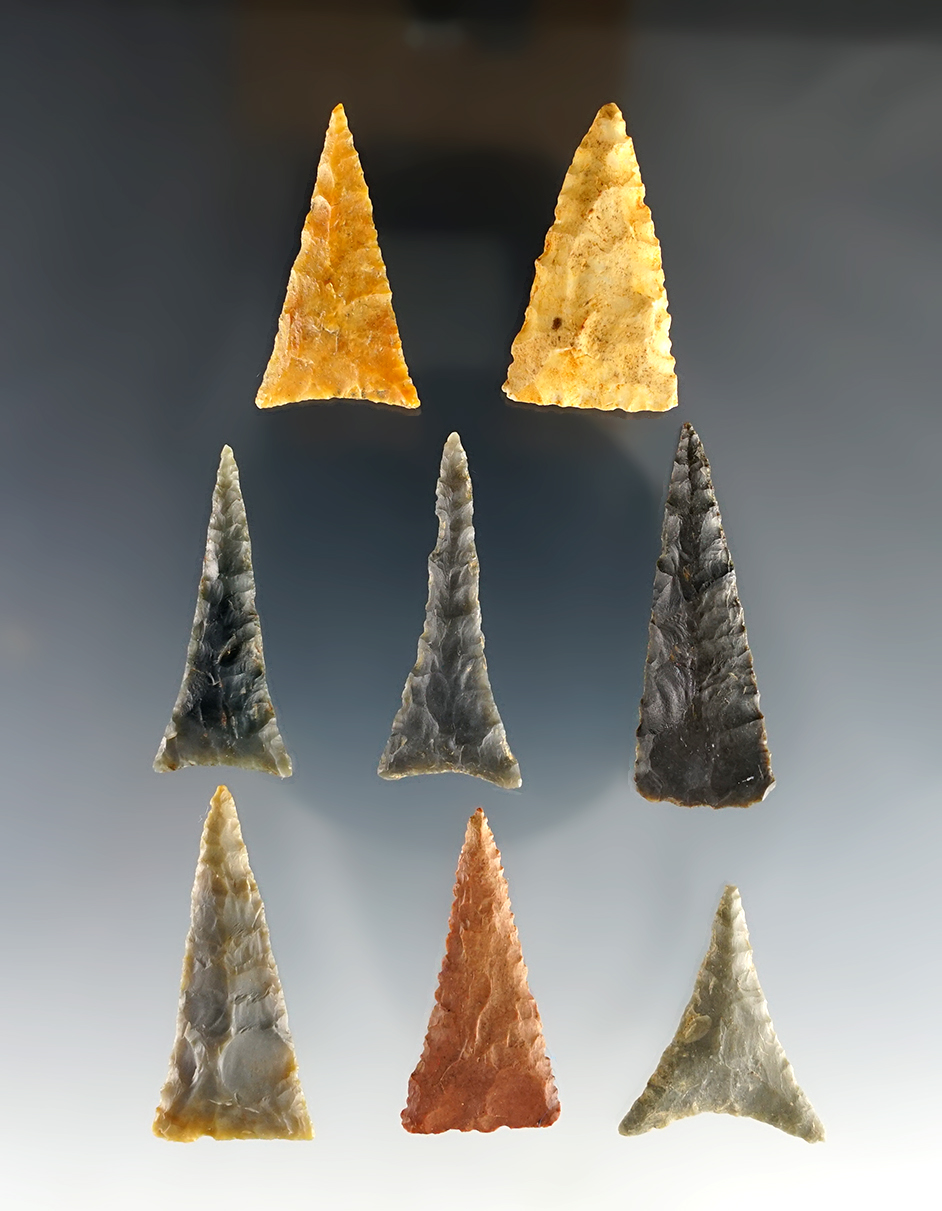 Set of 8 well made Triangle points found in the Kentucky/Tennessee area. The largest is 1 1/2"