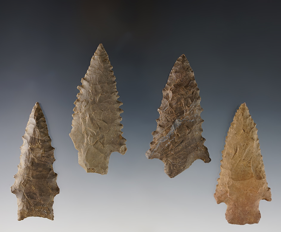 Set of 4 finely serrated Kirk points found by Joseph Dillion in Calloway Co., Kentucky. 