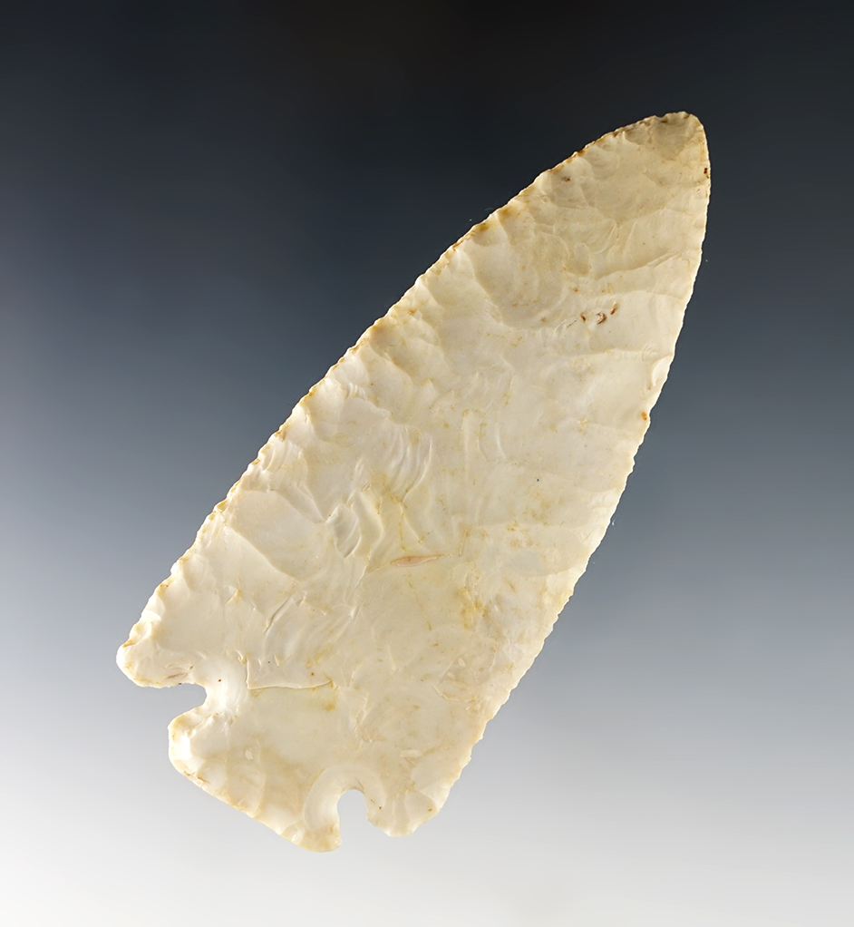 4" Archaic Cornernotch that is well made with great patina. Found in Adams Co., Illinois. 