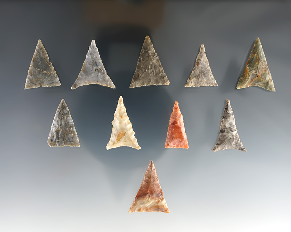 Set of 10 assorted Triangle points found in the Kentucky/Tennessee area. The largest is 1 1/16".