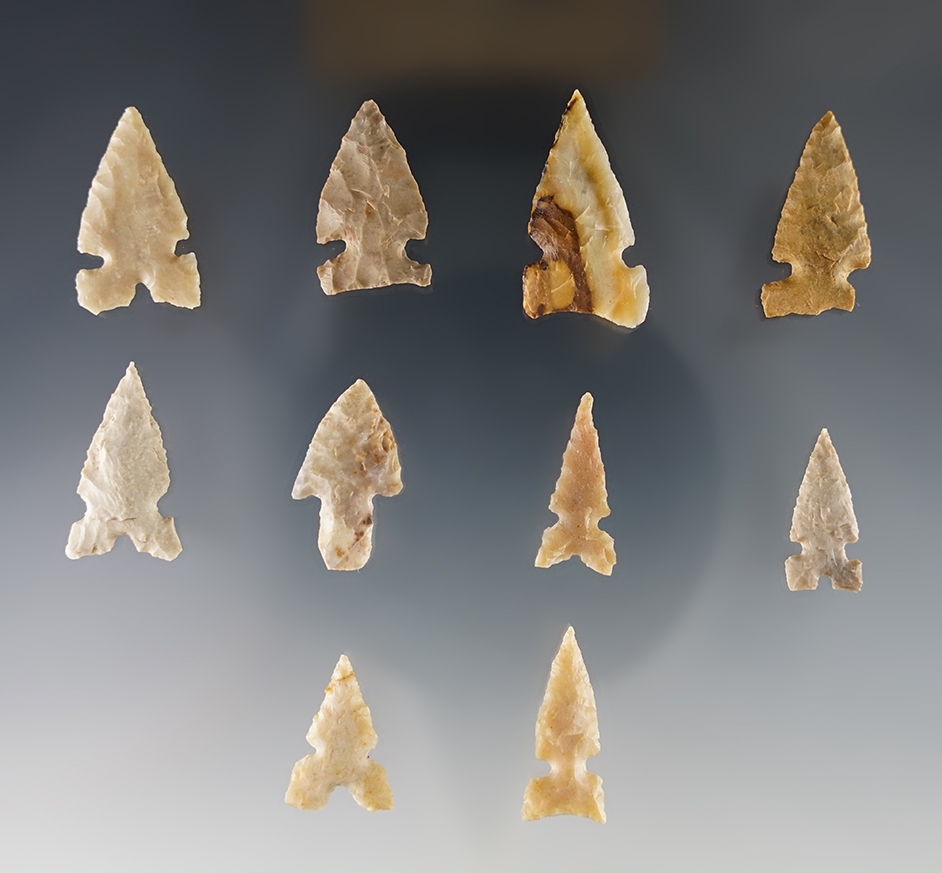 Set of 10 well made points found in the Texas, Oklahoma and Arizona area. Largest is 1 1/8".