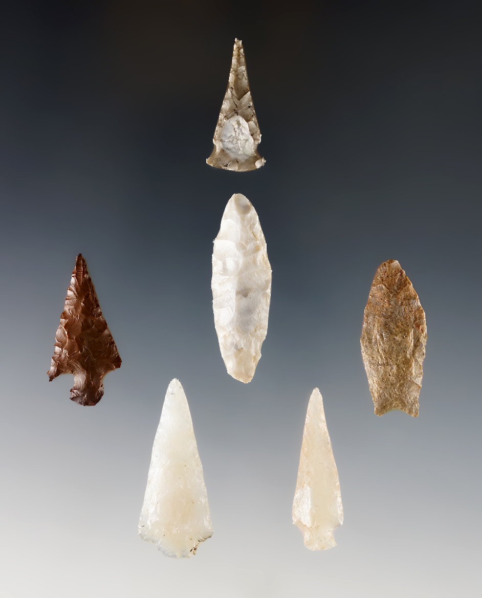 Set of 6 nicely made Colorado points. The largest is 1 1/2".