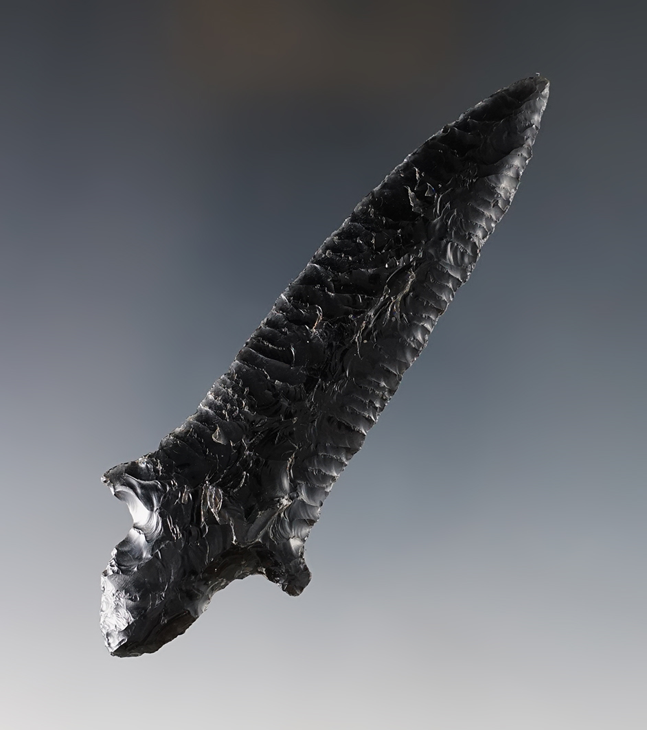 4" Pre-Columbian Stemmed point with unbelievably fine edge work. Mexico. Ex. Hank Johnson.