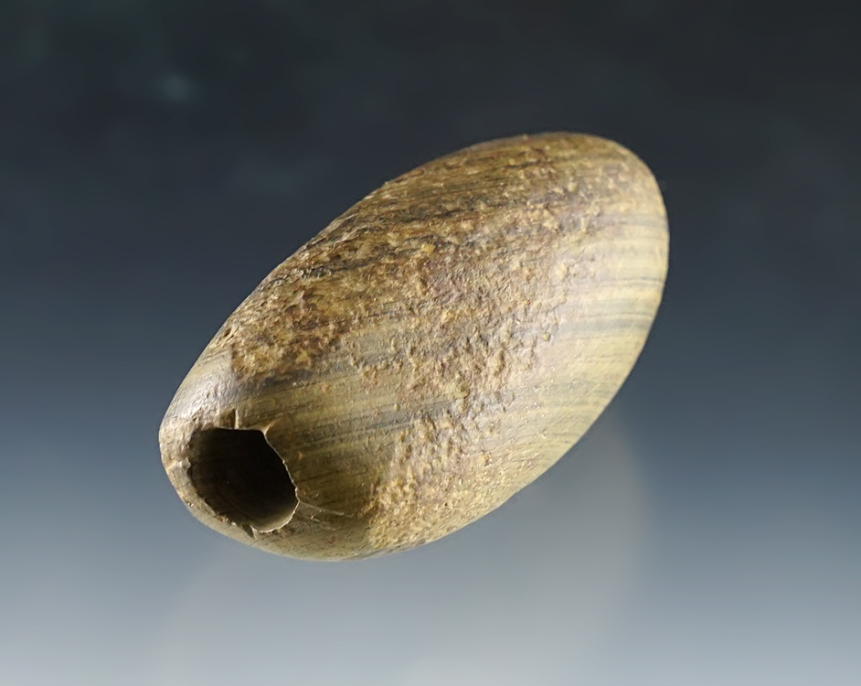 3" long Pipe Preform that is partially drilled. Banded Slate. Found in Bayview, Erie Co., Ohio.