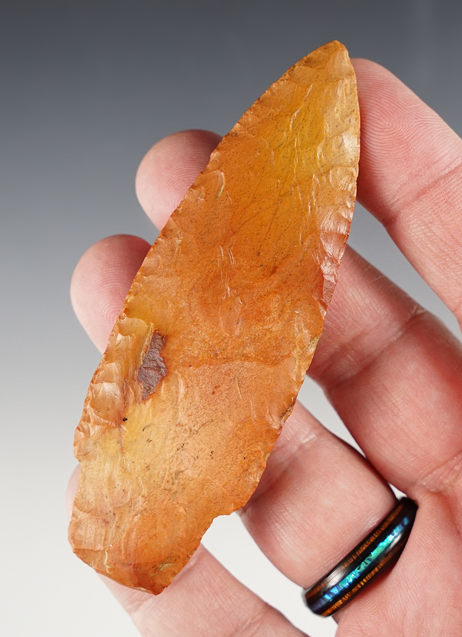 3 3/4" Stemmed point made from Burlington Chert. Found in Knox Co., Illinois.