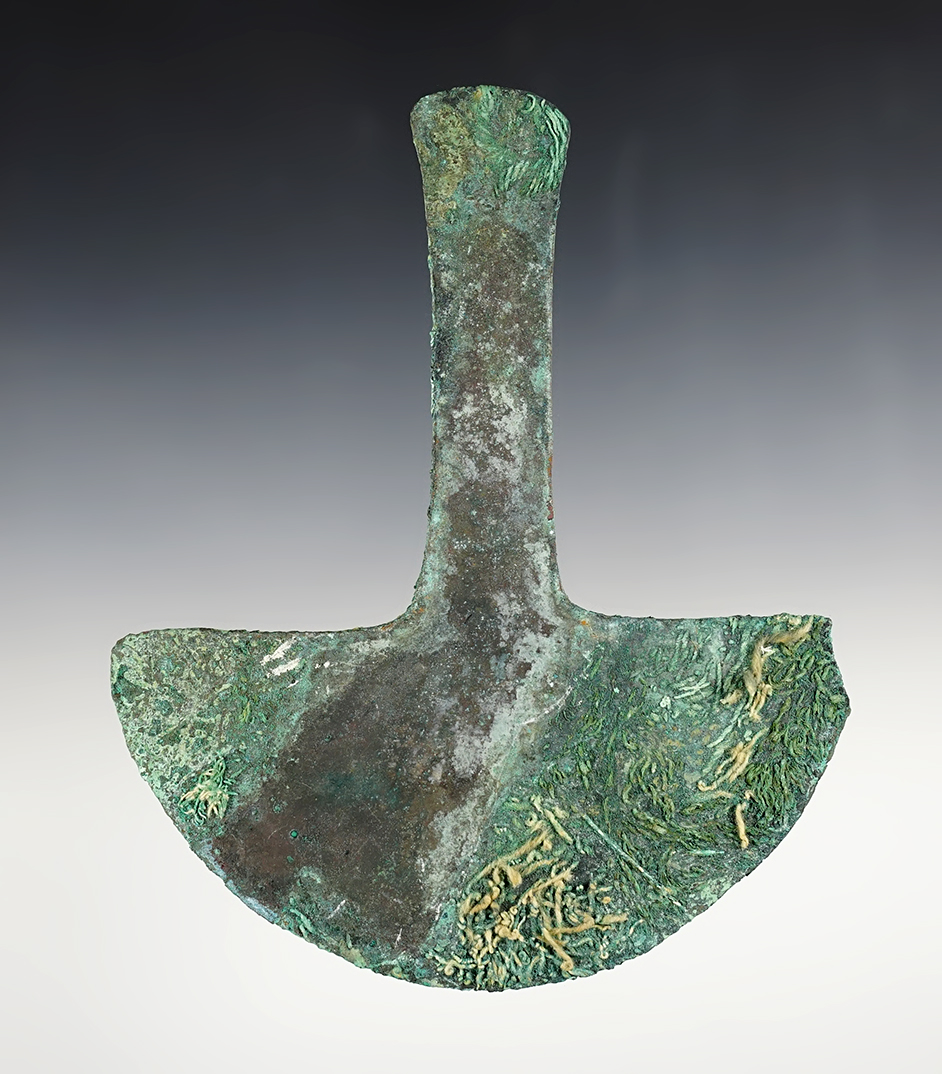 Large and fine 6 3/8" Copper Tumi found in Peru. Well patinated. Comes with a Bennett COA.