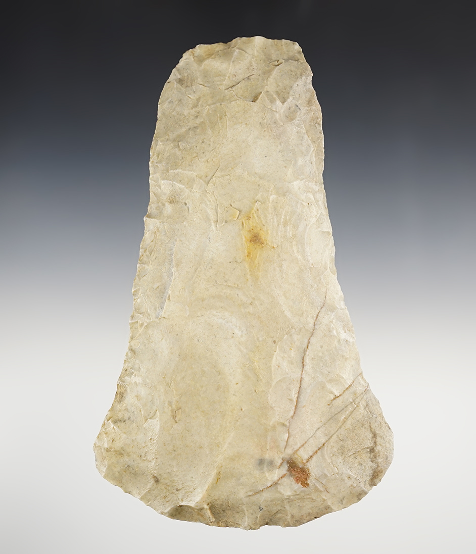 7 1/2" Flared-Bit Spade made from patinated Flint. Found in Shelby Co., Indiana.