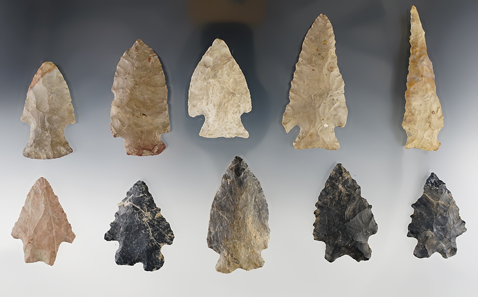 Set of 10 nice points found in Indiana. Includes several MacCorkle Bifurcates. The largest is 3".