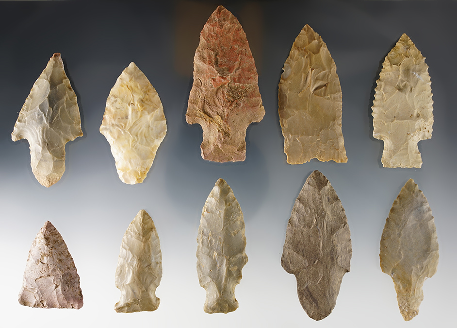 Set of 10 assorted points found by Joseph Dillion in Marshall Co., Kentucky. The largest is 2 7/8".