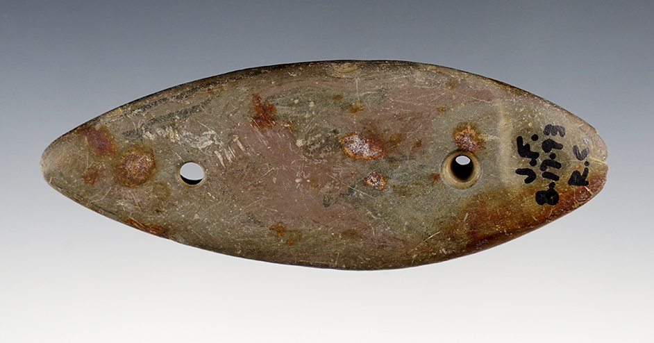 4 5/16" Glacial Kame Gorget - Banded Slate with Red Ocher staining. Richland Co., Ohio.