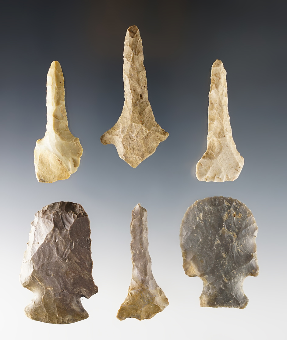 Set of 4 Drills and 2 Hafted Scrapers found by Joseph Dillion in Marshall Co., Kentucky. 