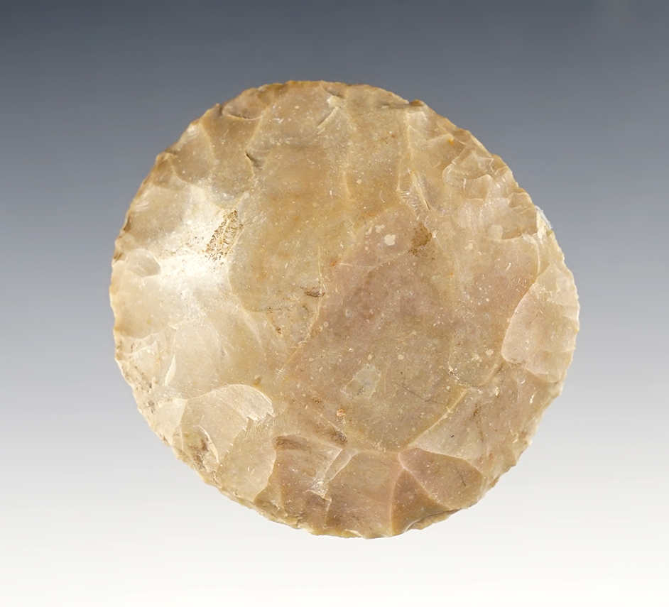2 1/2" Circular Unifacial Scraper with fine flaking. Found in central Texas. Stermer COA. 
