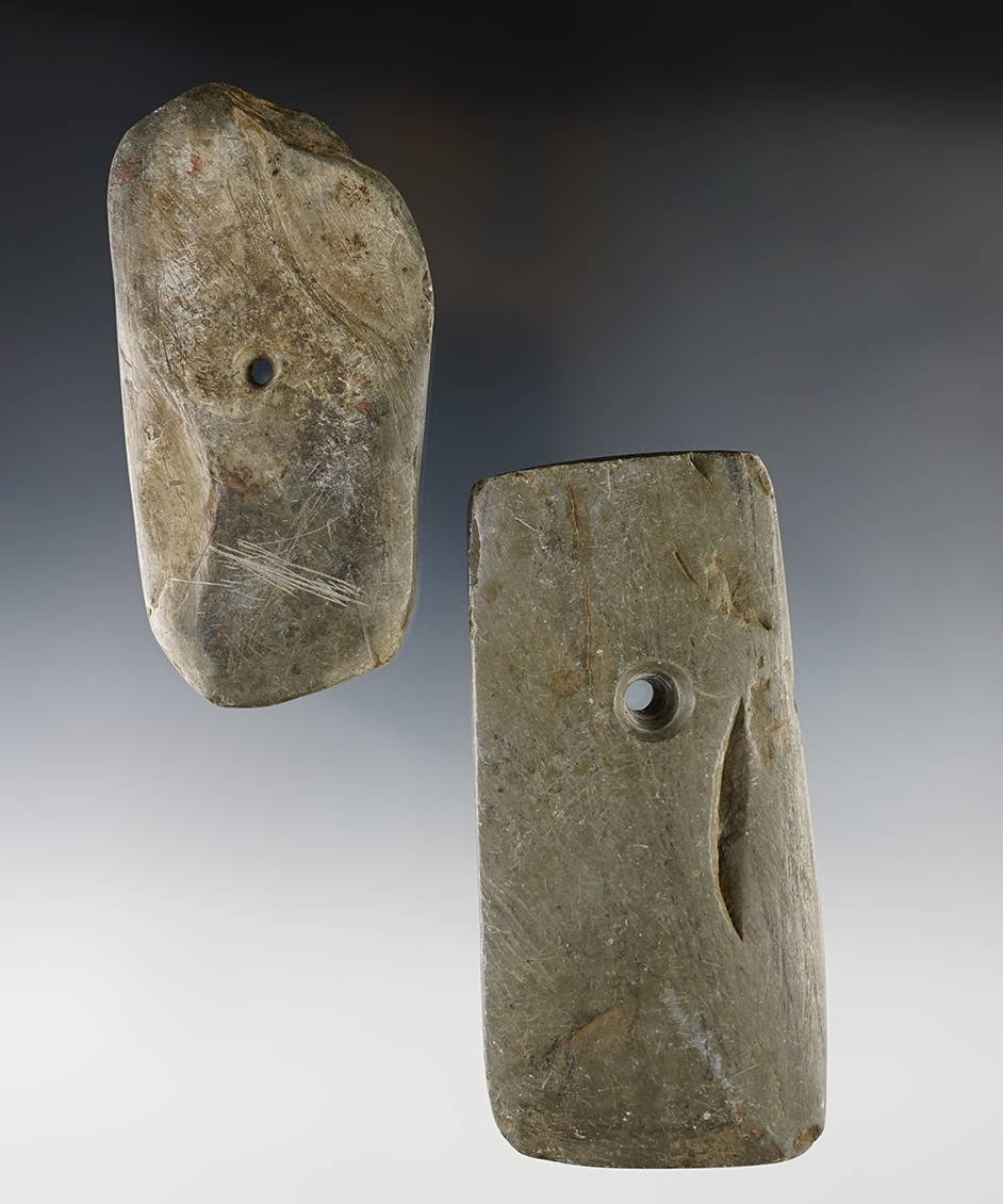 Pair of heavily patinated Pendants - Indiana. One is complete & one was anciently salvaged.