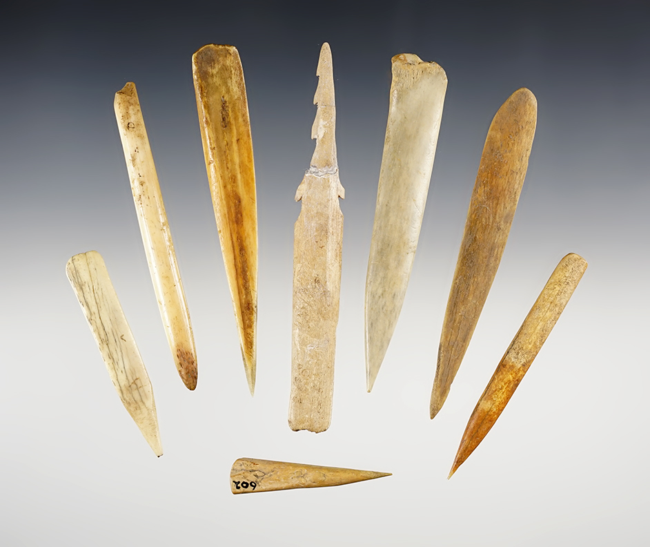 Set of 8 Bone Awls found in New York and Ohio. One is broken and glued. The largest is 4 13/16".