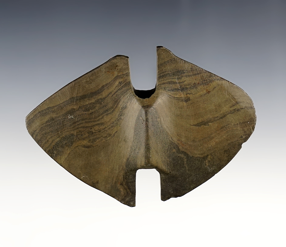Finely made 4" wide Wing Bannerstone found in Hardin Co., Ohio. Ex. Phillips collection.