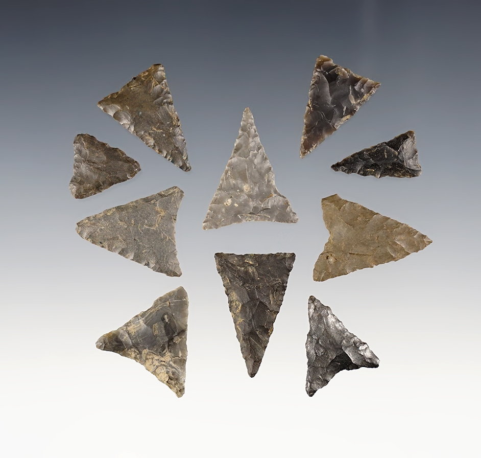 Set of 10 nice Triangle points - Afton, Chenango Co., NY on the Decker, Shultz and Groover farms. 