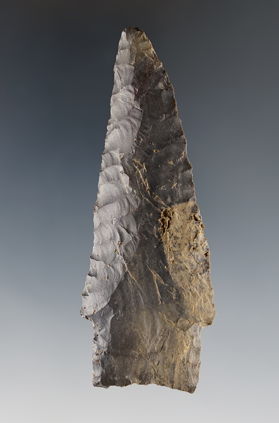 Nicely flaked 3 3/16" Stemmed point found in Wayne Co., Tennessee.