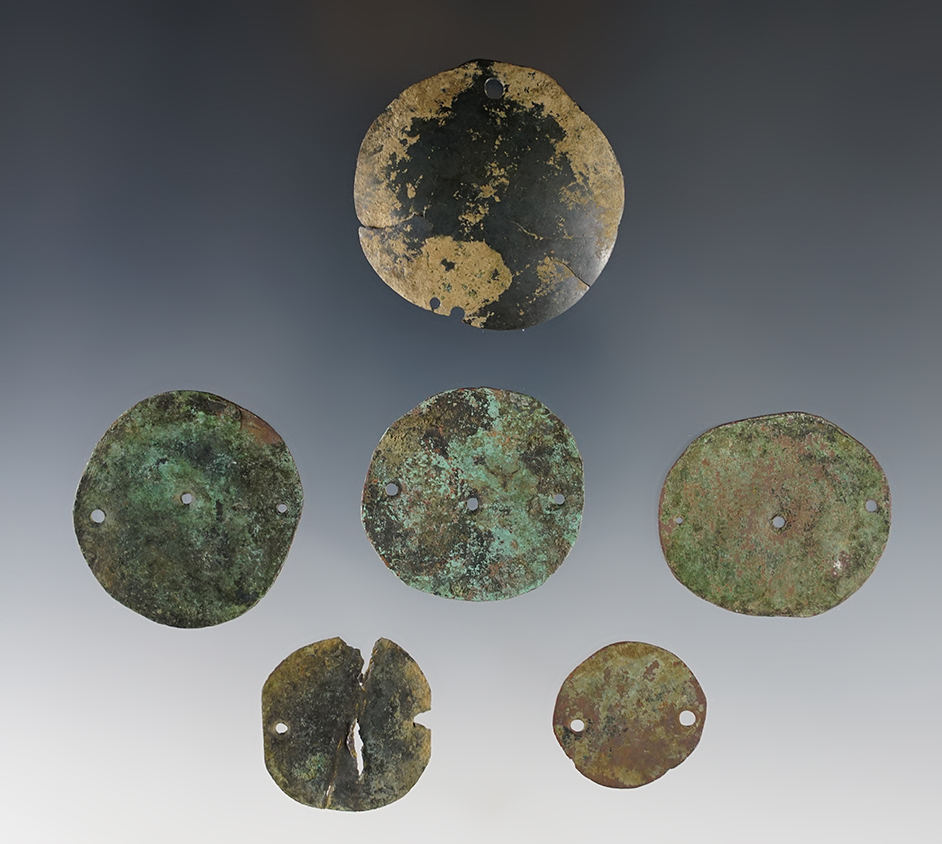 Set of 6 patinated Brass Ornaments found at Genoa Fort, Genoa, New York. The largest is  1 9/16".