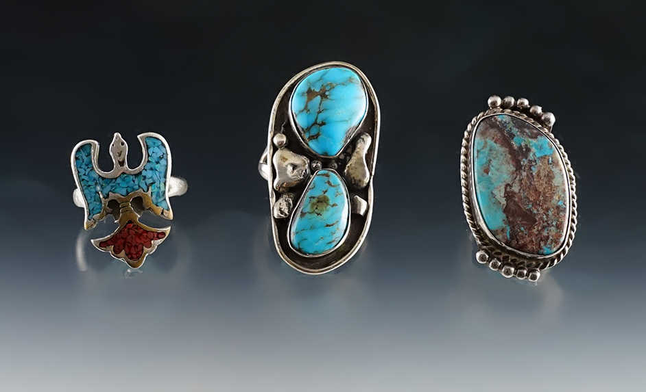 Set of 3 vintage Southwestern Turquoise Rings. Sizes are 9 1/4, 11, 5 1/2.