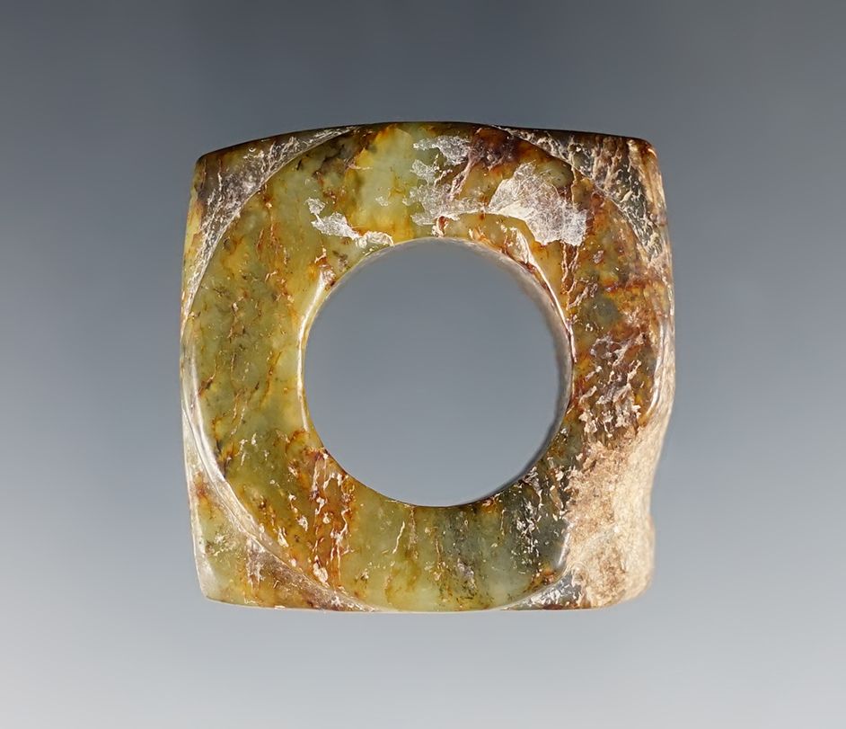 1 3/8" beautifully carved Square stone ornament that is heavily patinated with a circular perforation.