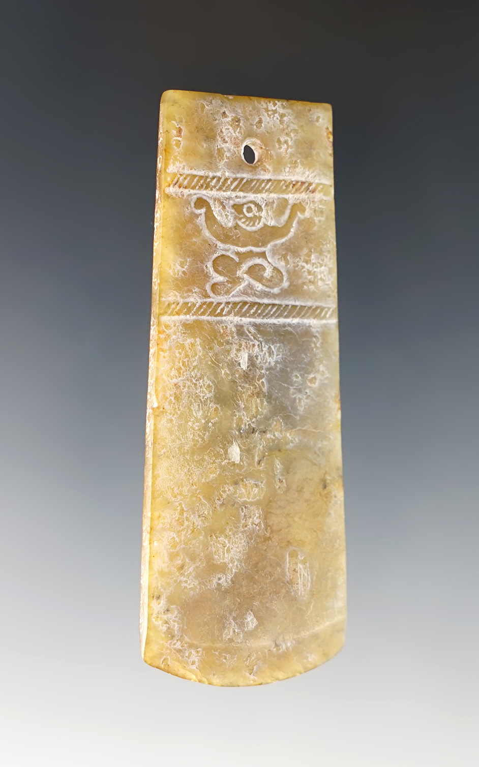 Thin and nice! excellent patina on this 3" ancient Jade drilled pendant recovered in Burma. 