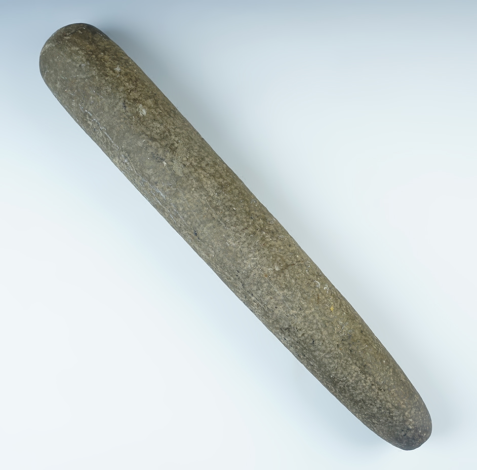 A large 14 1/16" roller pestle in excellent condition found at the Barber site, Montour Falls, New York.