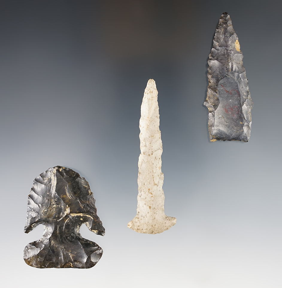  3 Archaic pieces found in Ohio. Types include a Hafted Thebes Scraper and a nice Drill. Ex. Wehrle.