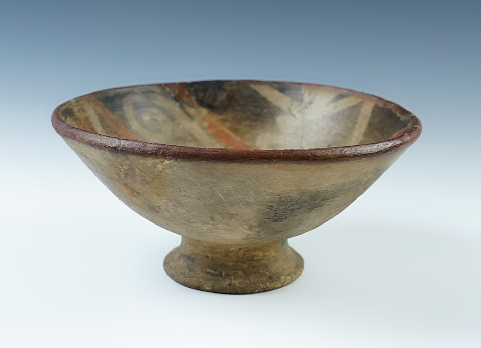 7 1/2" wide by 3 5/8" tall pre-Columbian pedestal bowl with a couple small areas of restoration.