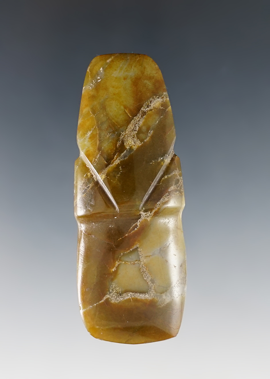 2 3/4" Axe God that is well made from mottled olive green Jadite. Cleaned but very fine - high polish. 