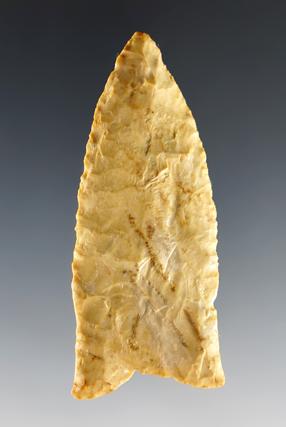 2 5/8" beautifully flaked early Dalton recovered in Indiana with nice mineral deposits on surface.