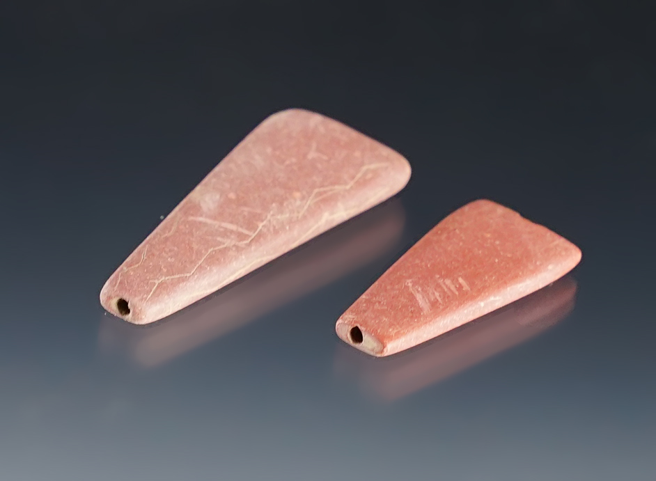 Pair of nicely made Catlinite Trapezoidal Beads found at the White Springs Site, Geneva, New York. 