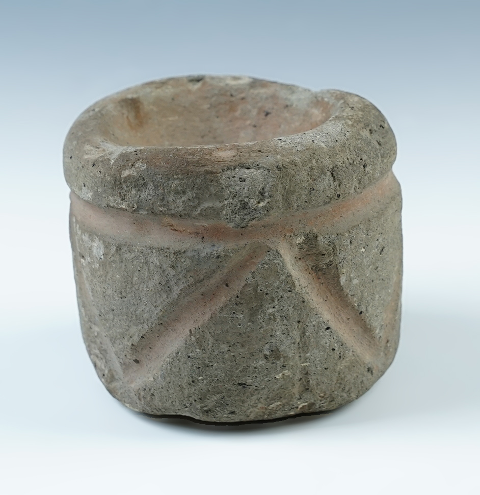 2 7/8" tall by 3 3/16" diameter nicely styled stone paint cup recovered in Arizona.