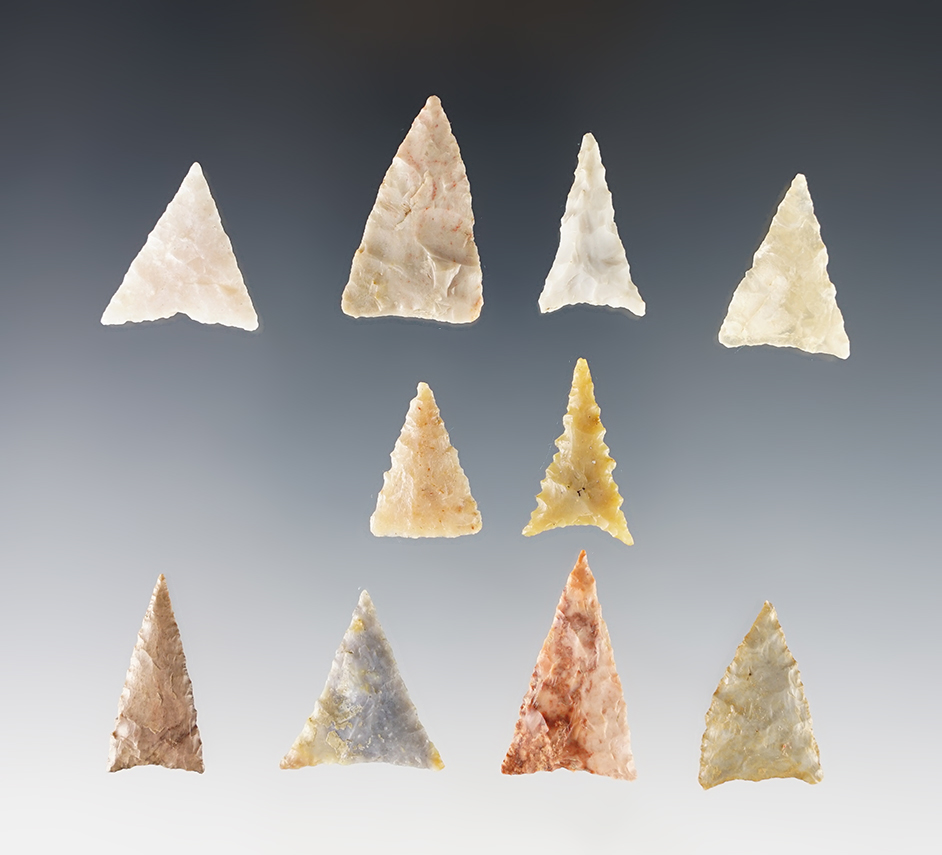 Set of 10 nice Triangle points found in the Kentucky/Tennessee area. The largest is 1 3/16".