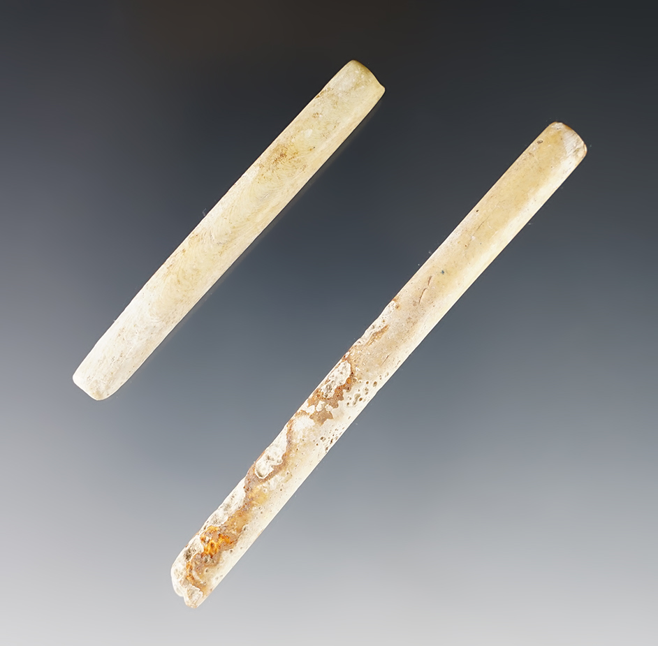 Pair of well patinated Shell Hair Pipes found at the White Springs Site, Geneva, New York. 
