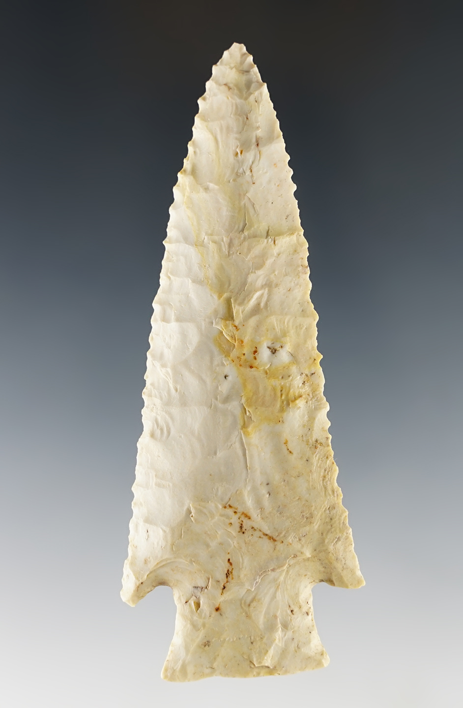 3 15/16" beautifully shaped Hardin found in Missouri. Excellent edge serrations. Nice mineral deposits