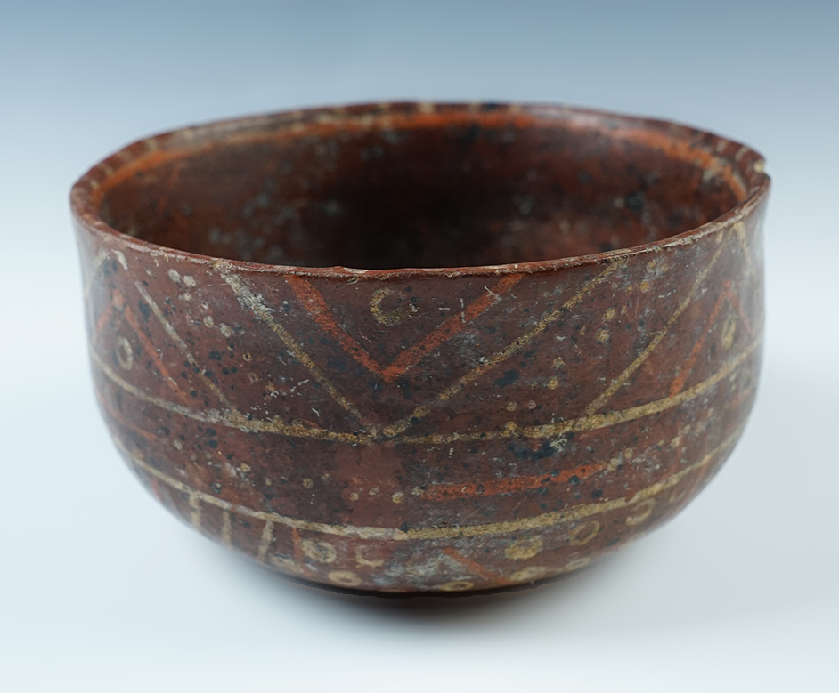 5 1/4" wide by 2 1/2" tall beautifully decorated Polychrome Bowl circa AD 400-900. Nayarit, Mexico. 
