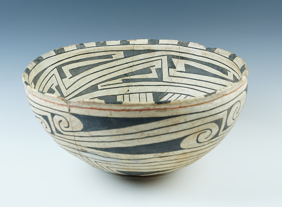 10 3/8" x  5 1/2" tall nicely decorated Southwestern pottery vessel with eight large reattached pieces