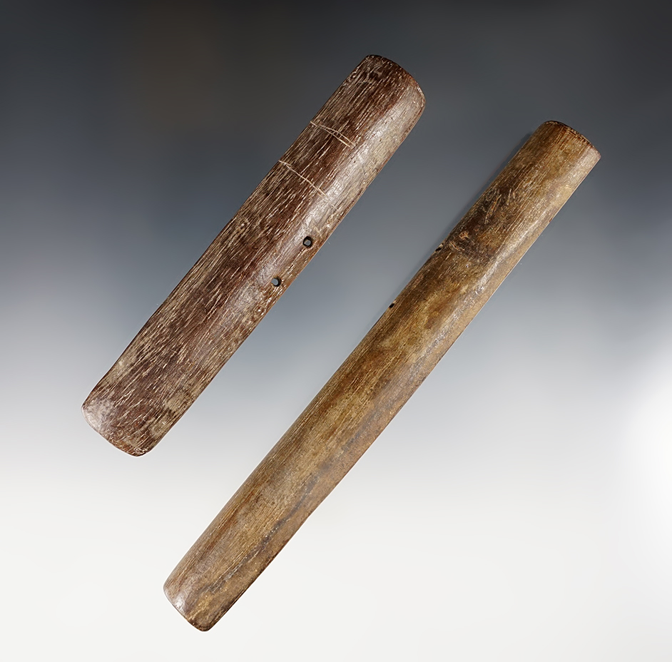 Pair of wooden objects, likely Chancay culture, Central coast, Peru, CE 900-1400. The largest is 6".