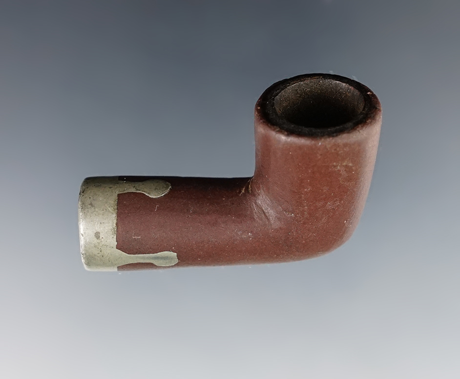 2" long x 1 3/16" miniature Catlinite Elbow Pipe with nice design and inlays at stem ends. 