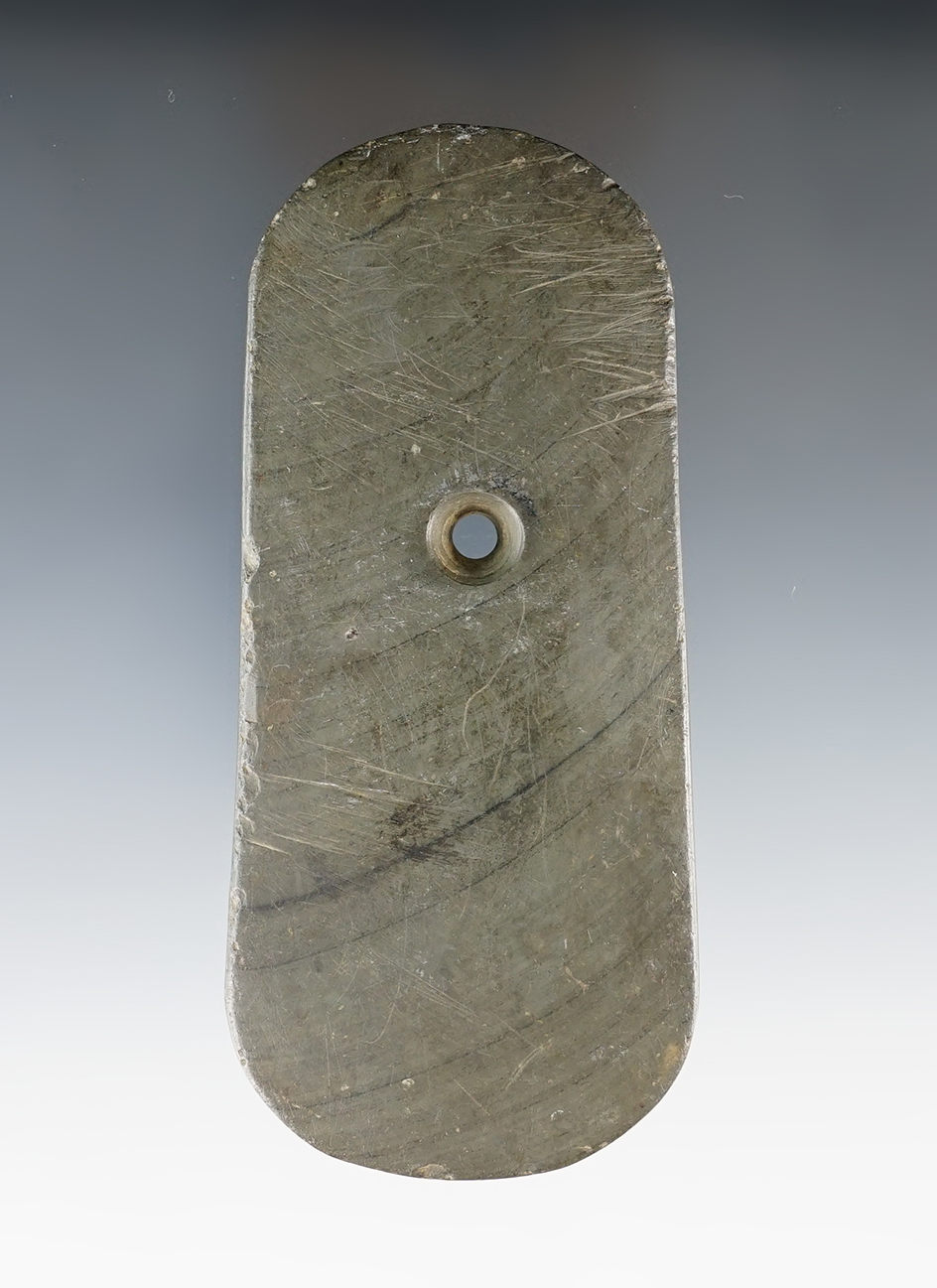 4 1/4" Adena Pendant with some engraving on surface. Found on the Corey Farm, Trumbull Co., Ohio.