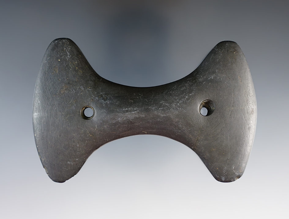 4 1/16" Glacial Kame Constricted Center Gorget with unique stylefound in Preble Co., Ohio. Pictured!