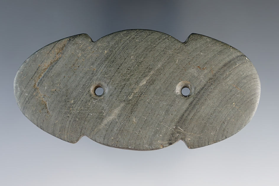 3 11/16" Hopewell Eclectic Gorget made from Banded Slate. Ex. Western Reserve Historical Society.