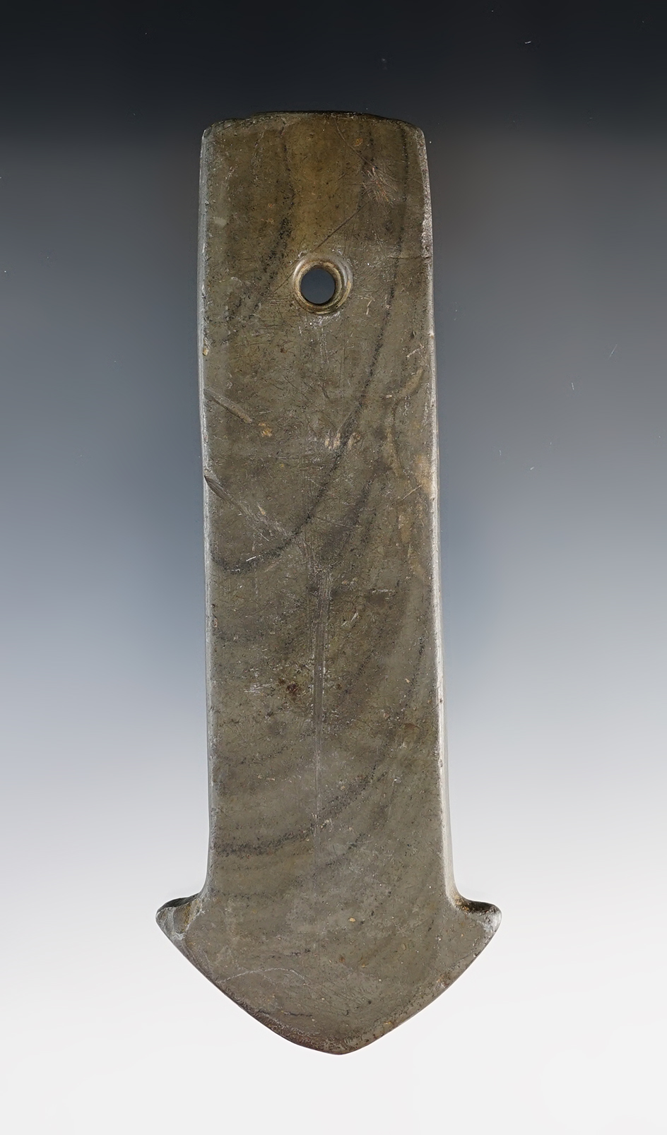 5 1/8" Adena Anchor Pendant made from green and black Banded Slate. Found in Knox Co., Ohio.