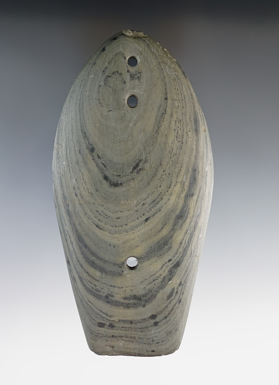 5 1/16" Glacial Kame Three Hole Sandal Sole Gorget found in Hardin Co., Ohio. Ex. Raymond Vietzen.