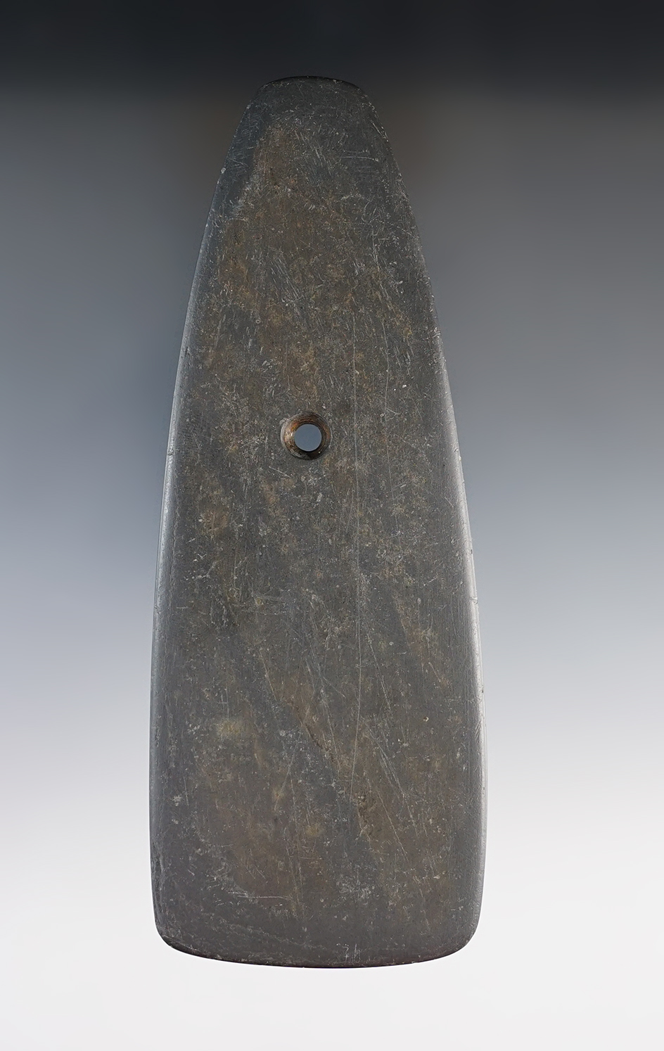 5 11/16" Hopewell Trapezoidal Pendant made from black Slate. Found in Ashland Co., Ohio.
