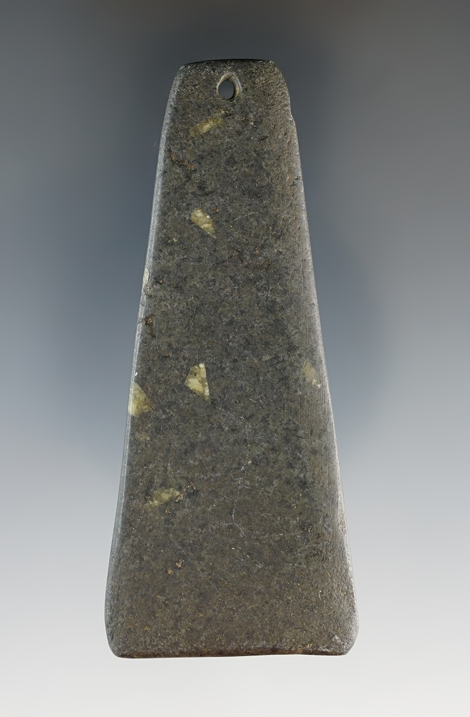 3 1/2" Mississippian Trapezoidal Pendant made from Hardstone. Found in Branch Co., Michigan.