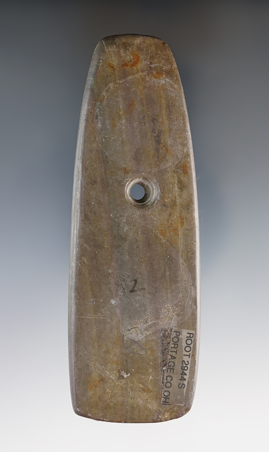 4 1/2" Hopewell Trapezoidal Pendant found in Portage Co., Ohio. Pictured in Who's Who #1, page 29.