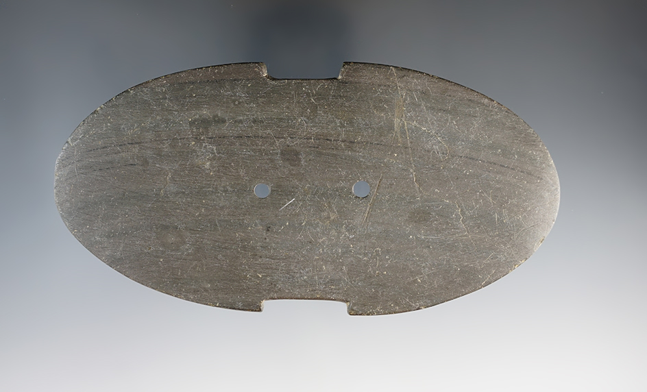 5 5/16" Adena Indented Gorget made from green and black Banded Slate. Found in Allen Co., Ohio.